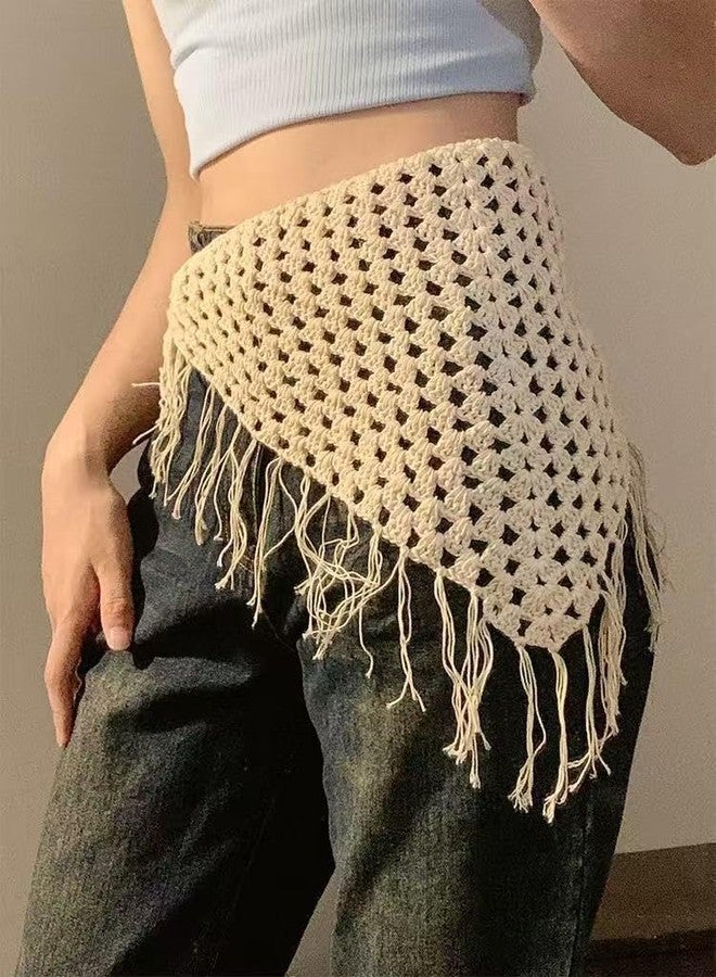 TUCEWP Crochet Bandanas Headbands Beige Vintage Boho Hair Scarf with Tassel Hippie Head Kerchief Knitted Triangle Tie Back Headscarf Hair Accessories for Women Girls Daily Outfit Festival Gift - Image 2